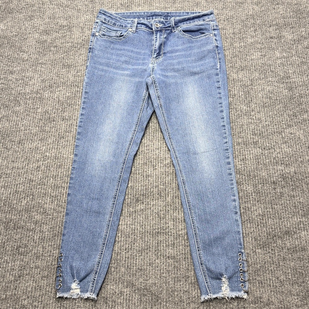 Seven7 Juniors Size 11 Skinny Jeans Distressed Grommet Ring Frayed Hem Blue